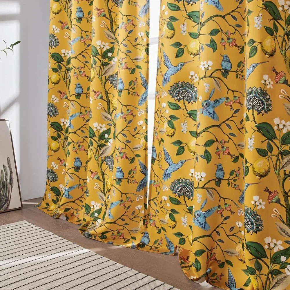 Floral Lemon Hummingbird Curtains Patterned Waverly Mid-Century Style